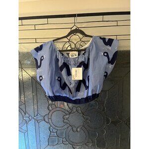 AVN Women's Short Blue Bird Blouse Size 38 Top, Elastic Tessuto MSRP $472